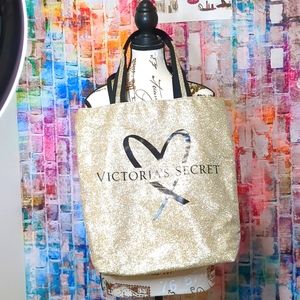 Victoria Secret Black & Gold Glitter Tote Bag.